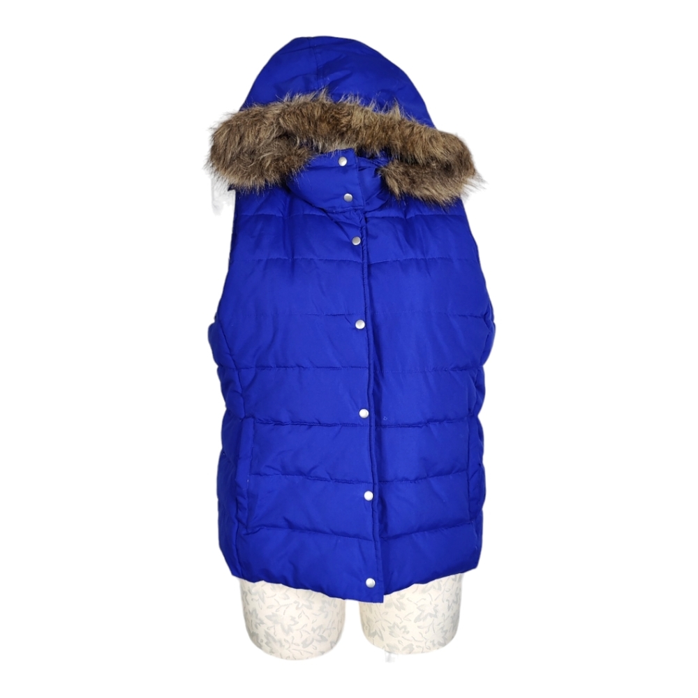 OLD NAVY XL Faux Fur Collared Warm Thick Blue Quilted Winter Vest